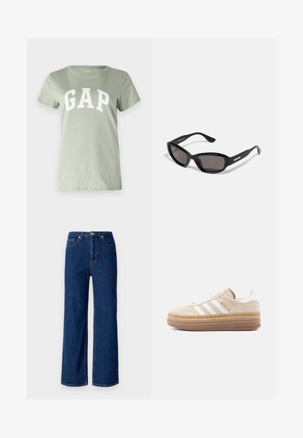 GAP TEE - Μπλουζάκι με στάμπα - desert sage; Φαρδιά τζιν παντελόνια σε σκούρο μπλε, με κλασικό πεντάτσεπο σχέδιο, διακριτή ραφή και μεταλλικό κούμπωμα στη μέση.; Μπεζ δερμάτινο αθλητικό παπούτσι από σουέντ με λευκές δερμάτινες λεπτομέρειες, που διαθέτει τρεις λευκές ρίγες, χρυσό λογότυπο και χοντρή, διαφανή σόλα από καουτσούκ.; Μαύρα γυαλιά ηλίου με ορθογώνιο σκελετό, σκούρους φακούς, λεία πλαστική υφή και μεταλλική λεπτομέρεια στο βραχίονα.