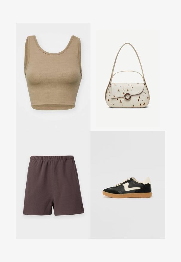 Débardeur court beige en tissu tricoté texturé avec un col rond et de larges emmanchures, présentant une coupe épurée et simple, sans fermetures.; Shorts marron foncé en tissu texturé et tissé. Dispose d'une taille élastique et d'un petit logo en accent sur le bas à droite.; Baskets en daim et cuir noir avec un swoosh latéral crème et un talon crème clair. Dotées de lacets beige et d'une semelle en caoutchouc gomme.; Sac à main couleur crème avec des taches marron, rabat incurvé avec une fermeture métallique circulaire, doté de deux fines anses, dont une plus longue pour porter à l'épaule.