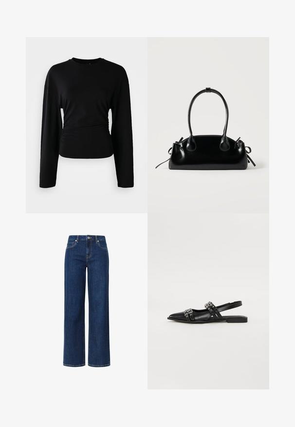 Sort langærmet top lavet af blødt stof. Har en rund halsudskæring og samlet detalje ved taljen. Glat tekstur, tætsiddende design.; Bredde ben jeans i mørkeblå denim med en glat tekstur, der har en knap- og lynlåslukning, fem lommer og kontrastsyet.; Even&Odd by Zalando Slingback-ballerinasko - black; Lille sort blank håndtaske med to lange håndtag og snøre-detaljer i siden på en ensfarvet lys baggrund.