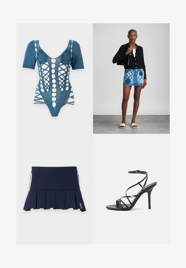 Blå strikket bodysuit med korte ærmer, som har udskæringer, snøredetaljer og cirkulære mønstre på forsiden. Struktureret stof.; Marineblå plisseret nederdel lavet af strækbart stof, med en figursyet talje og lynlåsdetalje i siden. Syningerne er synlige langs sømmene.; Sort højhælet sandal med tynde stropper, en ankelspænde, en glat læderoverflade og en slank stilethæl.; Sort striktrøje, hvid top, denimnederdel med blå og sort diamantmønster, sort håndtaske og beige slidesandaler.