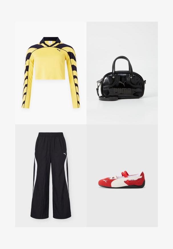 Gul, cropped langærmet trøje med sorte accenter, pæn krave og en tekstureret overflade med et dynamisk stribe mønster. Puma-logo inkluderet.; Sorte atletikbukser med vide ben, hvide sideliv og elastisk taljebånd, med Puma-logo på højre lår.; Røde og hvide ruskindsko med lav profil, forsynet med elastiske stropper og en tekstureret sort gummisål. Puma-logo på siden.; Sort lakeret håndtaske med dobbelte top-håndtag, aftagelig skulderrem, rund form og et fremtrædende præget "PUMA"-logo.