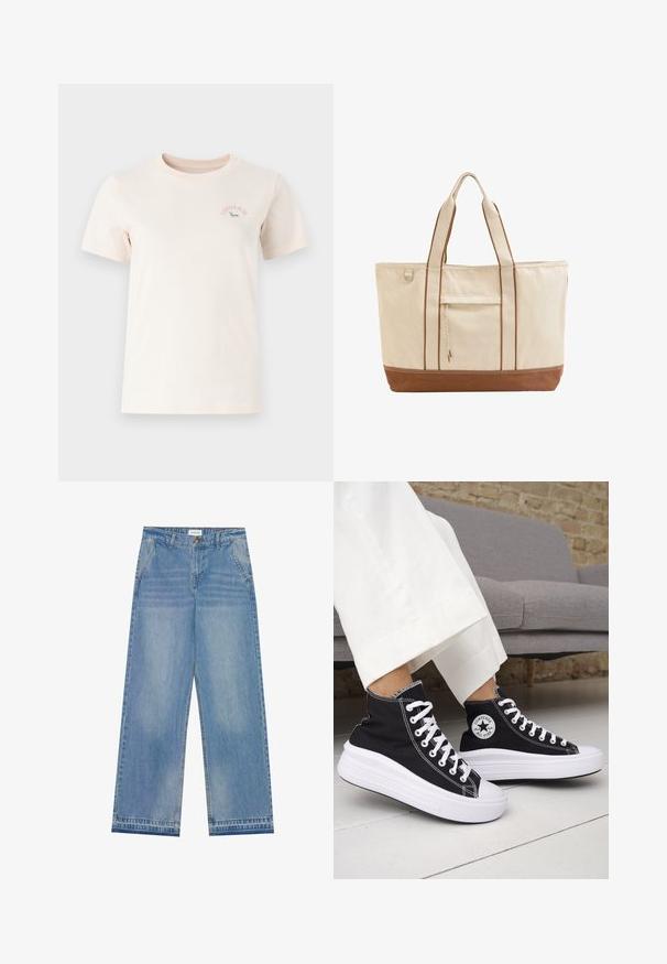 Vaaleanbeige lyhythihainen puuvillapaita, jossa on pyöreä pääntie, etuosassa vaaleanpunainen "Converse" -logo ja vihreä graafinen kuva.; Vaaleansiniset korkeavyötäröiset leveälahkeiset farkut, joissa on napitus, etutaskut, vyölenkit ja hillitty haalistuminen.; Mustat korkeavartiset tennarit, joissa valkoiset kumipohjat ja nauhat. Koristettu pyöreällä logotarralla ja valkoisilla kontrastisaumoilla. Materiaali on canvas.; Suuri beige kangaskassi, jossa on ruskea pohja, kaksinkertaiset kannat, etutasku nyörillä ja metallirengas sivulla.