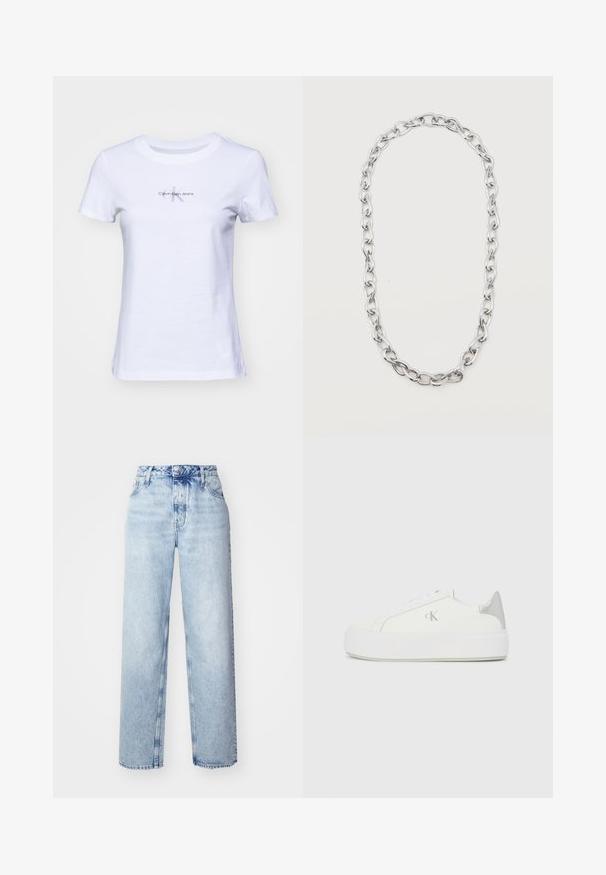 Witte katoenen t-shirt met korte mouwen, voorzien van een klein, grijs "Calvin Klein Jeans" logo aan de voorkant in het midden. Klassieke ronde hals.; Lichtblauwe high-waisted jeans met een losse pasvorm, met rechte pijpen, vijf zakken en een klassieke knoop- en ritssluiting.; Witte canvas sneakers met een dikke witte zool, voorzien van een metallic zilveren accent op de hiel en een subtiel logo detail aan de zijkant.; Zilverkleurige ketting met grote, aan elkaar gekoppelde ovale schakels, gerangschikt in een langwerpige lus tegen een witte achtergrond.