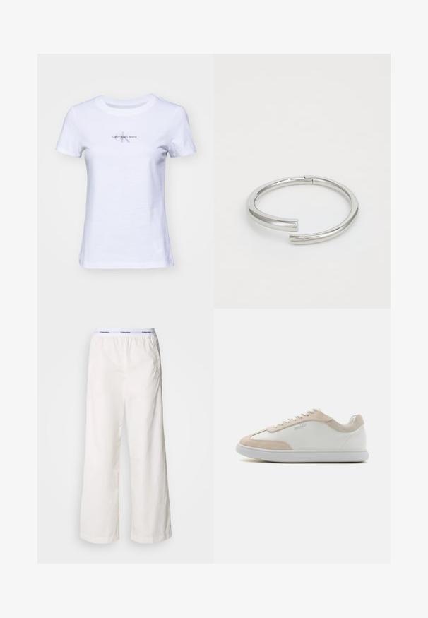 Witte katoenen t-shirt met korte mouwen, voorzien van een klein, grijs "Calvin Klein Jeans" logo aan de voorkant in het midden. Klassieke ronde hals.; Witte wijde broek met een elastische tailleband met een contrasterend Calvin Klein-logo. Gemaakt van gladde stof, bieden ze een ontspannen fit.; Witte leren sneakers met beige suède accenten en witte veters. Beschikt over een ronde neus en een gevoerde zool voor comfort.; Calvin Klein SPIRAL - Armband - silver-coloured