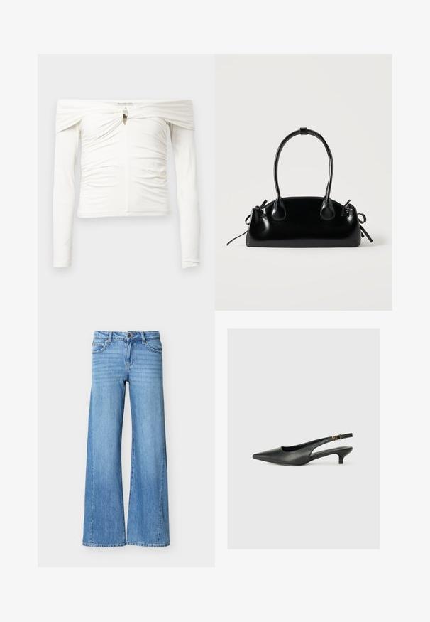 Top σε στυλ off-the-shoulder με μακριά μανίκια από μαλακό λευκό ύφασμα, με ρυττωτή σχεδίαση και κεντρική μεταλλική λεπτομέρεια κάτω από το στήθος.; Ανοιχτό μπλε τζιν με ψηλή μέση, κλείσιμο με κουμπί και φερμουάρ, μπροστινές τσέπες και φαρδιές ρέλι.; Μαύρο παπούτσι slingback με μυτερή μύτη, κατασκευασμένο από λείο δέρμα. Διαθέτει λεπτό τακούνι και λεπτομέρεια με αγκράφα στη ρυθμιζόμενη λωρίδα.; Μικρή μαύρη γυαλιστερή τσάντα με δύο μακριές λαβές και λεπτομέρειες με ρυθμιζόμενο κορδόνι στο πλάι σε απλό ανοιχτό φόντο.