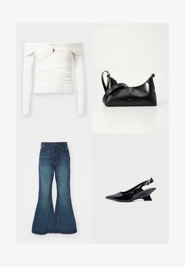 Top σε στυλ off-the-shoulder με μακριά μανίκια από μαλακό λευκό ύφασμα, με ρυττωτή σχεδίαση και κεντρική μεταλλική λεπτομέρεια κάτω από το στήθος.; Καμπάνα τζιν σε μεσαίο μπλε χρώμα, με ψηλή μέση, πέντε τσέπες και αντίθεση στις ραφές. Λείο υφαντό με ελαφριά φθορά.; Μαύρο παπούτσι slingback από πατενταρισμένο δέρμα με μυτερή μύτη και χαμηλό κεκλιμένο τακούνι τύπου block σε απλό φωτεινό φόντο.; Μαύρη δερμάτινη τσάντα χειρός με λεία υφή. Διαθέτει ρυθμιζόμενο λουρί και κομψό, μινιμαλιστικό σχέδιο με φερμουάρ.