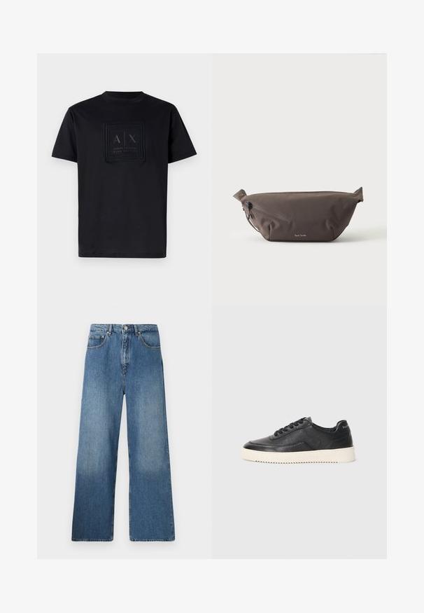 T-shirt en coton noir avec un patch de logo rectangulaire portant le texte "A|X" et "Armani Exchange Blue Edition" en foncé sur le devant. Design à col rond.; Jean en denim bleu à jambes évasées avec un design classique à cinq poches, fermeture à bouton à l'avant et légères décolorations pour ajouter de la texture.; Baskets en cuir noir avec finition texturée, bout rond et semelle plate en caoutchouc blanc. Présentent des lacets noirs et un logo sur le talon.; Sac banane en tissu marron foncé avec poche zippée en diagonale et petit logo blanc sur le devant, sur un fond clair uni.
