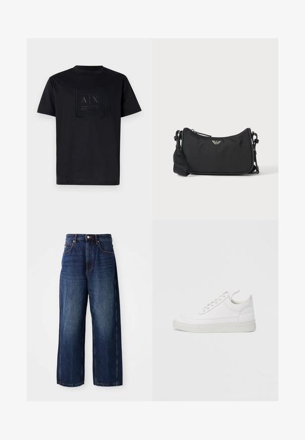 T-shirt en coton noir avec un patch de logo rectangulaire portant le texte "A|X" et "Armani Exchange Blue Edition" en foncé sur le devant. Design à col rond.; Jean large bleu foncé en denim. Comprend une ceinture classique avec passants, des poches avant et une silhouette droite.; Baskets en cuir blanc avec un embout arrondi, une semelle plate et un laçage à l'avant. Présentent des détails de couture et un col rembourré pour plus de confort.; Sac bandoulière rectangulaire noir avec emblème du logo de la marque argenté et sangle réglable sur fond clair.