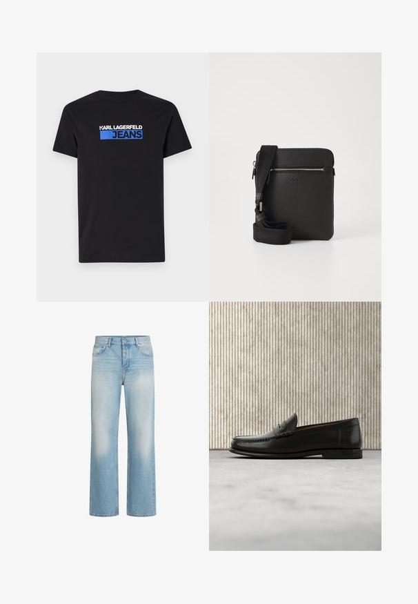 Mustat puuvillapaidat, joissa on edessä valkoinen ja sininen graafinen logo-teksti "KARL LAGERFELD JEANS". Lyhyet hihat, pyöreä pääntie.; Vaaleansiniset farkut suoranlahkeisella muotoilulla, haalistumis yksityiskohdilla, viiden taskun tyylillä, nappikiinnityksellä ja vyölenkeillä vyötäröllä.; Musta nahkainen penny-loafer-mokkasiini, jossa matala korko, pyöreä kärki ja ompelukoristeet edessä ja sivuilla, esitetty neutraalilla taustalla.; Musta nahkainen ristilaukku, jossa on teksturoitu pinta, vetoketjullinen etutasku ja säädettävä kangasnarukko. Yksinkertainen neliömuoto.