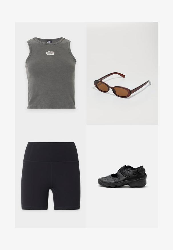 Αμάνικο γκρι crop top με ριμπ υφή, στρογγυλό ντεκολτέ και λευκή ετικέτα με το λογότυπο «Santa Cruz» στο κέντρο του στήθους.; Μαύρα αθλητικά σορτς για ποδήλατο με ψηλό καβάλο και επίπεδες ραφές, σχεδιασμένα για εφαρμοστή εφαρμογή και μήκος μέχρι τη μέση του μηρού.; Μαύρο αθλητικό σανδάλι με κλειστή μύτη, λουριά με βέλκρο στη μέση του ποδιού και στη φτέρνα, και παχιά επενδεδυμένη σόλα με τη λέξη "AIR" στο πλάι.; Στρογγυλά, καφέ-χρωματιστά γυαλιά ηλίου με γυαλιστερή μπορντώ σκελετό. Λεπτά πόδια με διακριτική λεπτομέρεια λογότυπου. Σχεδίαση επίπεδου φακού.