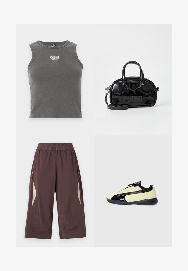 Haut court gris côtelé sans manches avec encolure ronde et patch logo blanc "Santa Cruz" centré sur la poitrine.; Pantalon marron à jambes larges raccourci avec taille élastique et empiècements latéraux beiges, avec poches zippées de chaque côté.; Baskets de sport vert lime avec des accents en cuir verni noir, des détails en maille et une semelle texturée ; elles présentent des lacets et un col rembourré.; Sac à main en cuir verni noir avec des poignées supérieures doubles, une bandoulière amovible, une forme arrondie et un logo "PUMA" en relief bien visible.