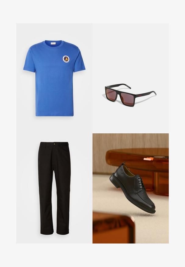 Blaues Baumwoll-T-Shirt mit kurzen Ärmeln, mit einem runden Logo in Weiß, Gelb und Schwarz im Bereich der linken Brust. Rundhalsausschnitt, normale Passform.; Schwarze Baumwollhosen mit geradem Schnitt, Gürtelschlaufen, einem Reißverschluss vorne und einem einzelnen Knopfverschluss. Glatte Textur ohne sichtbare Muster.; Schwarzer Leder-Schnürschuh mit texturierter Vorderseite, schwebend über beigem Teppich in einem modernen Raum mit bernsteinfarbenen Möbeln.; Schwarze rechteckige Sonnenbrille mit dunkelroten Gläsern, mit matter Oberfläche und rotem Logo am Bügel. Robuster Kunststoffrahmen.