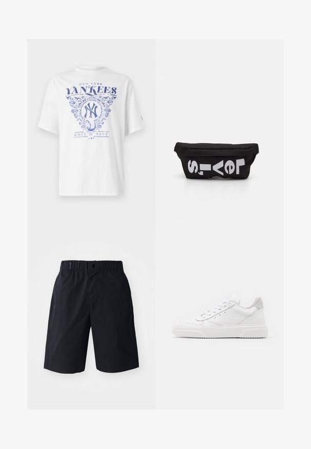 Weißes T-Shirt mit blauem Druckdesign, das "New York Yankees" zeigt, umständliche Details und "Seit 1903" unter einem Baseball-Logo. Kurze Ärmel.; Schwarze Shorts aus leichtem Material, mit flachem Frontdesign, elastischem Bund und seitlichen Taschen. Einfaches Design ohne Muster.; Weiße Leder-Sneaker mit glatter Oberfläche, rundem Zehenbereich, flachen Schnürsenkeln und strukturiertem Schuhsohlen. Graues Wildleder-Detail an der Ferse.; Schwarze Stofftasche mit flacher Form, mit fettgedrucktem weißen Text. Der Reißverschluss befindet sich oben, mit einer Schlaufe an einer Seite.