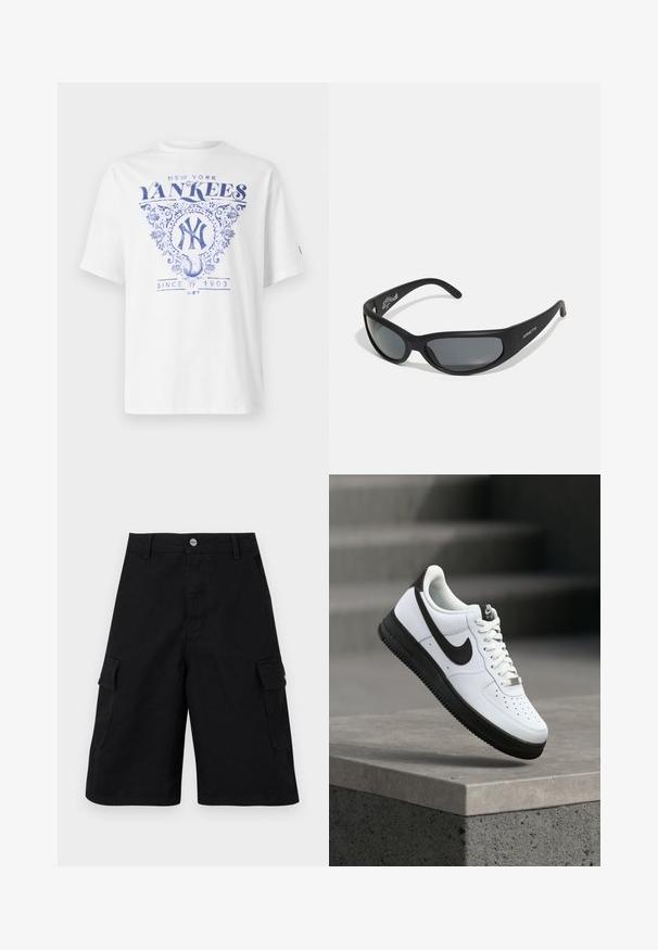Biela tričko s modrým potlačeným dizajnom, na ktorom je „New York Yankees“, zdobené detaily a „Since 1903“ pod grafikou baseballu. Krátke rukávy.; Čierne cargo šortky vyrobené z odolného materiálu. Obsahujú dve bočné vrecká, zips a jednoduchý pás s kovovým gombíkom.; Biela kožená teniska s čiernymi akcentmi, zaoblenou špičkou a perforovanými detailmi. Čierna gumová podrážka s textúrovaným vzorom a šnurovanie na šnúrky.; Čierne slnečné okuliare s zakriveným rámom a tmavými šošovkami. Majú matný povrch a na boku je uvedené meno značky "ARNETTE".