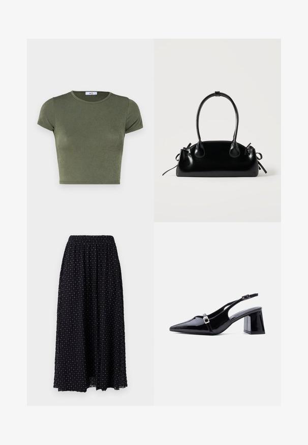 Κοντομάνικο crop top σε ελιά πράσινο χρώμα με στρογγυλή λαιμόκοψη, φτιαγμένο από υφασμάτινη υφή, διαθέτοντας εφαρμοστή γραμμή και ελάχιστες ραφές.; Μαύρη μακριά φούστα με ύφανση δικτυωτού σχεδίου σε σχήμα διαμαντιού, ελαστική μέση και ελαφριά ραφή στην κορυφή, με ασημί λεπτομέρειες σε όλη τη διάρκεια.; Μαύρη γυαλιστερή δερμάτινη γόβα με λουράκι στο πίσω μέρος, μυτερή μύτη, χαμηλό τετράγωνο τακούνι και δύο μικρές ασημένιες αγκράφες στα λουράκια.; Μικρή μαύρη γυαλιστερή τσάντα με δύο μακριές λαβές και λεπτομέρειες με ρυθμιζόμενο κορδόνι στο πλάι σε απλό ανοιχτό φόντο.