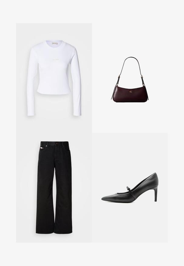 Biely dlhý rukáv crop top s jemným logom Calvin Klein v strede, zobrazený na svetlo šedom pozadí.; Čierne džínsy s širokými nohavicami vyrobené z bavlny. Majú predné vrecká, zapínanie na gombík a klasickú denimovú textúru. Minimalistický dizajn bez vzorov.; Čierna kožená lodička s špicatou špičkou, tenkým remienkom a prackou cez priehlavok, stojaca na neutrálno svetlom pozadí.; Tmavo bordová kožená kabelka s úzkym čiernym ramenným popruhom a malým zlatým logom "cK" v strede vpredu.