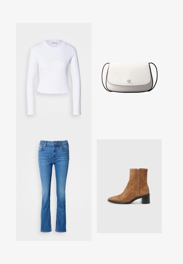 Top corto de manga larga blanco con un sutil logo de Calvin Klein en el centro, mostrado sobre un fondo gris claro.; Jeans acampanados de denim azul con una cintura de media altura, que presentan un clásico diseño de cinco bolsillos y una sutil textura desgastada en las rodillas.; Botín tobillo de ante marrón con puntera afilada, tacón medio y sutil detalle de logotipo en relieve. Cierre de cremallera en el lateral.; Bolso bandolera blanco con cierre de solapa, pequeño logo plateado "cK" centrado y correa ajustable delgada de color marrón oscuro.