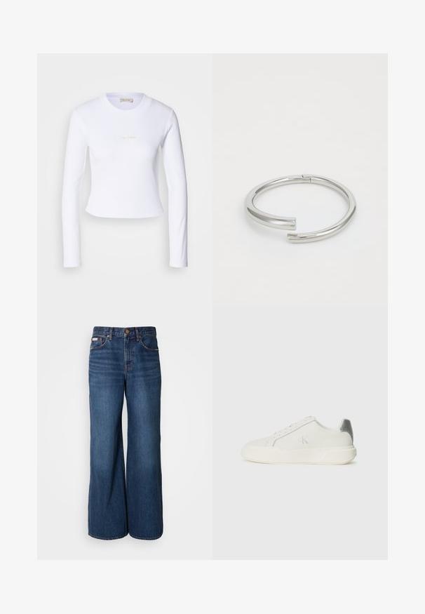 Biely dlhý rukáv crop top s jemným logom Calvin Klein v strede, zobrazený na svetlo šedom pozadí.; Džíny s širokými nohavicami vyrobené z tmavomodrého denim. Vlastnosti zahŕňajú vysoký pás, päť vreciek a kontrastné oranžové švy pozdĺž švov.; Biele tenisky vyrobené z kože s hladkou textúrou, s strieborným akcentom na päte, plochou podrážkou a minimalisticým dizajnom.; Calvin Klein SPIRAL - Náramok - silver-coloured