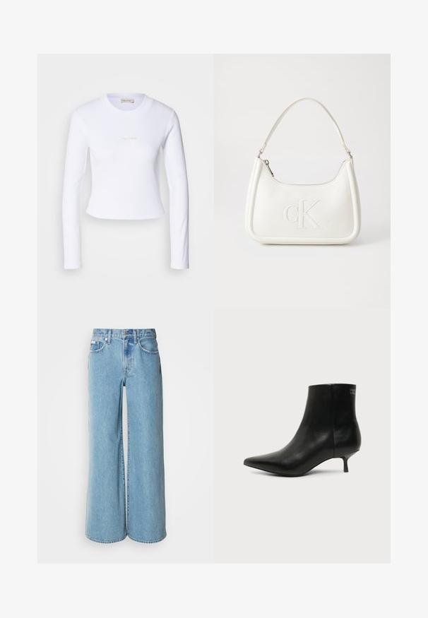 Top corto de manga larga blanco con un sutil logo de Calvin Klein en el centro, mostrado sobre un fondo gris claro.; Jeans de mezclilla de corte ancho en un tono azul claro, con cintura alta, diseño de cinco bolsillos y un ligero desgastado en la tela.; Botín de piel negra con puntera puntiaguda y tacón bajo estilo kitten sobre fondo claro, mostrando vista lateral exterior.; Bolso de mano de cuero blanco con forma curvada, con un logo "CK" en relieve en la parte delantera y una sola correa para el hombro. Cierre de cremallera en la parte superior.