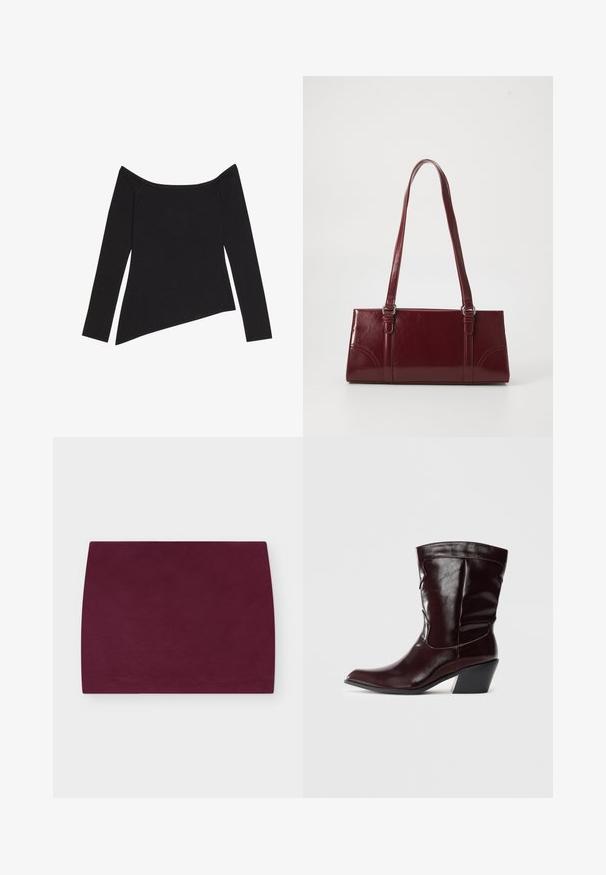 Zwarte off-shoulder top met lange mouwen, voorzien van een geribbelde textuur en een asymmetrische zoom, die een aansluitend ontwerp en zachte stof presenteert.; Donkerpaarse rechte mini-rok met een gladde textuur op een lichtgrijze achtergrond.; Bordeaux leren enkellaarsjes met een spitse neus, textuur op het oppervlak en een taps toelopende lage hak. Heeft subtiele stiksels en een strakke pasvorm.; Bourgondische handtas van glanzend materiaal, rechthoekige vorm, met twee schouderbanden en subtiele gebogen accenten aan de voorkant.