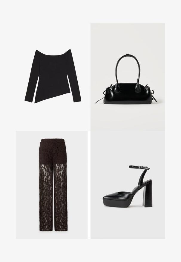 Haut noir à manches longues et épaules dénudées avec une texture côtelée et unOurlet asymétrique, mettant en valeur un design ajusté et un tissu doux.; Pantalon en dentelle marron avec partie haute de la cuisse opaque et jambes en dentelle transparente, coupe droite et taille élastique.; Escarpins noirs à plateforme avec un bout pointu et une sangle réglable à la cheville. Conçus en cuir lisse, avec un large talon bloc.; Petit sac à main noir brillant avec deux longues anses et des détails à cordon sur les côtés sur un fond clair uni.