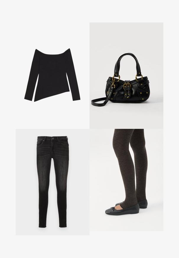 Haut noir à manches longues et épaules dénudées avec une texture côtelée et unOurlet asymétrique, mettant en valeur un design ajusté et un tissu doux.; Jean skinny noir en denim avec une texture lisse, doté d'un design à cinq poches et d'une fermeture à boutons et zip.; Jambes portant des leggings côtelés foncés associés à des ballerines noires avec de petits détails en nœud sur fond blanc.; Sac à main en cuir noir avec boucle dorée et détails à rivets, poignées courtes et bandoulière réglable sur fond blanc uni.