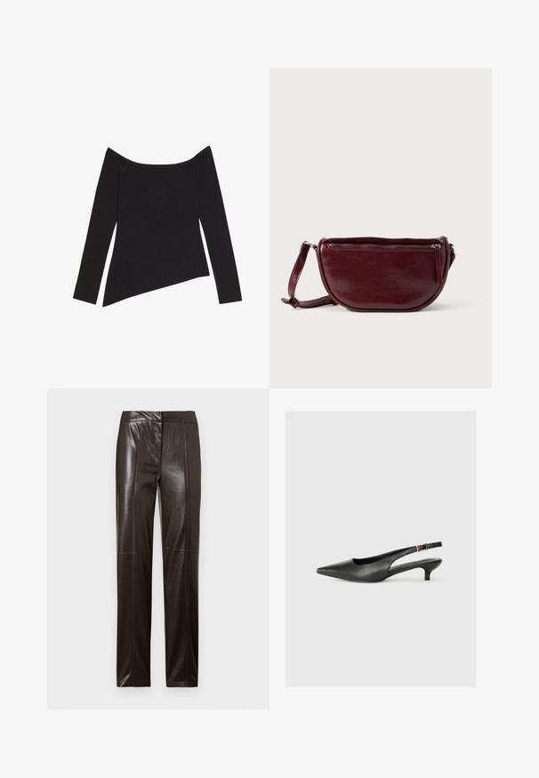 Sort off-the-shoulder langærmet top med ribbet tekstur og en asymmetrisk kant, der fremhæver et tætsiddende design og blødt materiale.; Mørkebrune, lige læderbukser med en glat overflade og subtile sømdetaljer langs forsiden.; Sorte spidse slingback-sko lavet af glat læder. Har en tynd hæl og en spænde detalje på den justerbare rem.; Vinrød læderhåndtaske med halvmåneform, lynlås og aftagelig rem. Glat tekstur med en subtil glans.