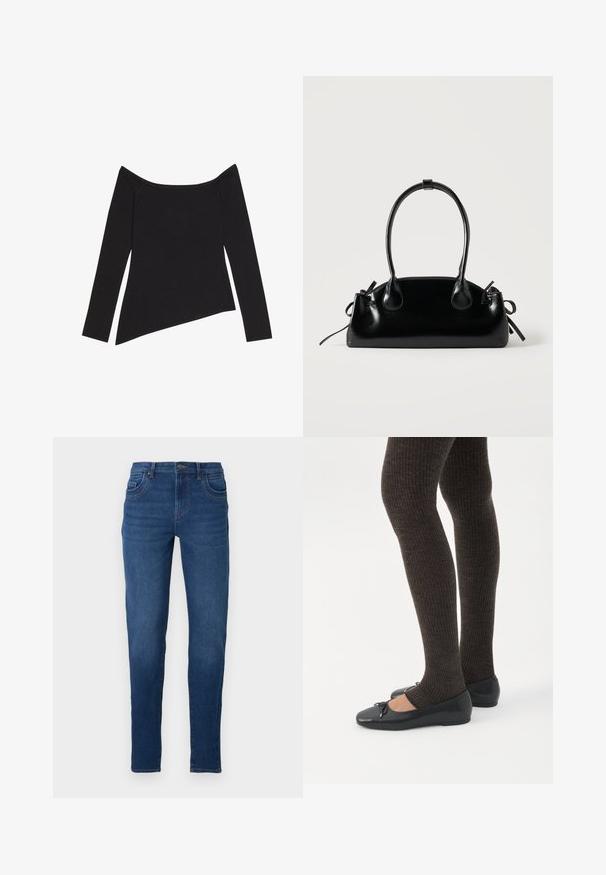 Sort off-the-shoulder langærmet top med ribbet tekstur og en asymmetrisk kant, der fremhæver et tætsiddende design og blødt materiale.; Mørkeblå denimjeans med slim fit, som har fem lommer, bæltestropper og lynlås med knaplukning. Glat tekstur.; Ben iført mørke ribbede leggings kombineret med sorte balletsko med små sløjfedetaljer på hvid baggrund.; Lille sort blank håndtaske med to lange håndtag og snøre-detaljer i siden på en ensfarvet lys baggrund.