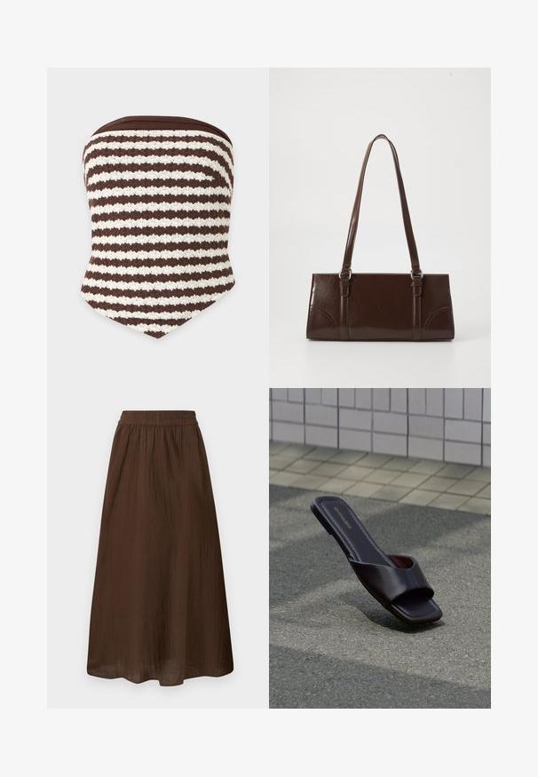 Haut tube tricoté sans bretelles, rayé marron et blanc, avec des motifs horizontaux texturés et un bord inférieur pointu.; Jupe marron longueur cheville avec taille élastique froncée et tissu légèrement texturé, présentée à plat sur un fond blanc.; Sandale slide marron foncé à bout carré et large bride, posée sur un goudron gris près d'un trottoir carrelé.; Sac à main en cuir verni marron de forme rectangulaire, avec deux longues poignées et des accents courbés subtils à l'avant.
