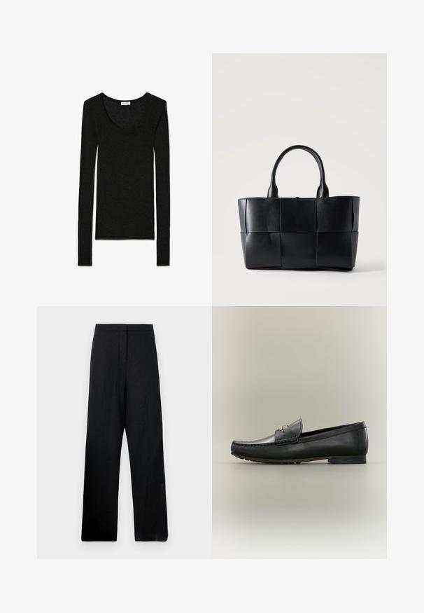 Top negro de manga larga hecho de una tela suave y texturada. Presenta un escote redondeado y un diseño ajustado, sin patrones ni acentos visibles.; Pantalones de pierna ancha negros, fabricados con un tejido ligero. Presentan una textura suave, cintura alta y detalles de costura mínimos.; Mocasín de cuero negro con costuras estilo mocasín, tacón bajo y detalle metálico dorado en la correa, mostrado de perfil sobre fondo beige.; Bolso tote de cuero negro con paneles grandes cuadrados tejidos y dos asas redondeadas sobre un fondo liso y claro.