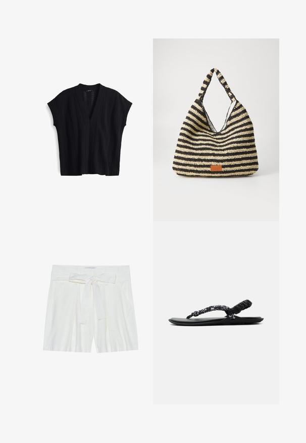 Zwarte gebreide top met een V-hals, korte mouwen en een textuur met een verticale ribbenpatroon. Lichte stof met een open weving.; Witte linnen shorts met een gestrikt tailleband, voorzien van zijzakken en een losse fit. Soepele textuur en een eenvoudig ontwerp.; Zwarte platte sandaal met gewatteerd teenslipperbandje met witte bloemmotieven en een elastisch achterbandje voor een veilige pasvorm.; Gestreepte geweven tas in zwart en beige, met een slouchy ontwerp, gestructureerd oppervlak en een klein leren accentpatch.