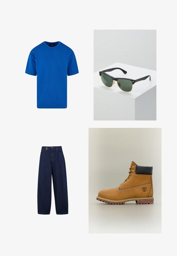 Blauw T-shirt met korte mouwen van katoen, met een klassieke ronde hals en een relaxte pasvorm. Zachte textuur zonder zichtbare patronen of accenten.; Losse, donkerblauwe denim jeans met een hoge taille, frontzakken en een recht model. Inclusief zilverkleurige hardware en minimale stiksels.; Bruine leren enkellaars met zwarte kraag, gele veters en een zandkleurige zool. Voorzien van een logo en witte stikseldetails. Robuuste loopzool met grip.; Ray-Ban zonnebrillen met groene lenzen, zwarte plastic monturen en gouden accenten aan de randen. Vierkante vorm met een matte afwerking.