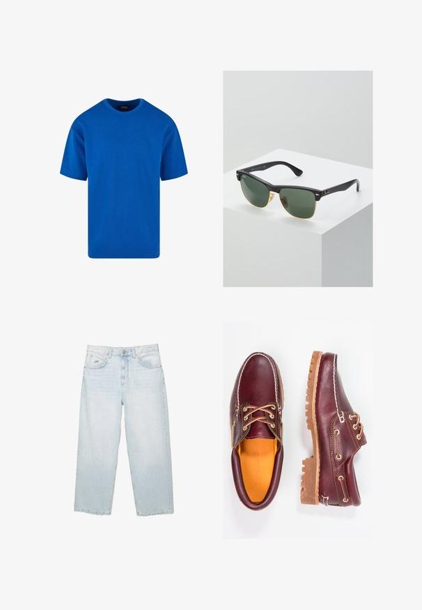 T-shirt bleu à manches courtes en coton, avec un col rond classique et une coupe décontractée. Texture lisse sans motifs ni accents visibles.; Jean droit taille haute bleu clair avec bouton à l'avant, poches et petite étiquette métallique de marque sur la poche avant droite.; Chaussures en cuir bourgogne avec semelles en caoutchouc marron, bout rond, couture blanche et œillets dorés. L'intérieur présente une doublure jaune.; Lunettes de soleil Ray-Ban avec des verres verts, monture en plastique noir et accents dorés sur les bords. Forme carrée avec une finition mate.