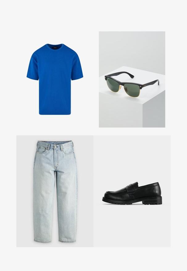 Blaues kurzes T-Shirt aus Baumwolle mit klassischem Rundhalsausschnitt und lässiger Passform. Glatte Textur ohne sichtbare Muster oder Akzente.; Hellblaue Jeans aus Denim mit geradem Bein, fünf Taschen und einem Knopfverschluss; mit verblassten Bereichen und dezenten Nähdetails.; Schwarzer Lederloafer mit dicker Sohle und Moc-Toe-Naht, seitlich auf einfarbig hellem Hintergrund dargestellt.; Ray-Ban Sonnenbrillen mit grünen Gläsern, schwarzen Kunststoffrahmen und goldenen Akzenten an den Rändern. Quadratische Form mit matter Oberfläche.