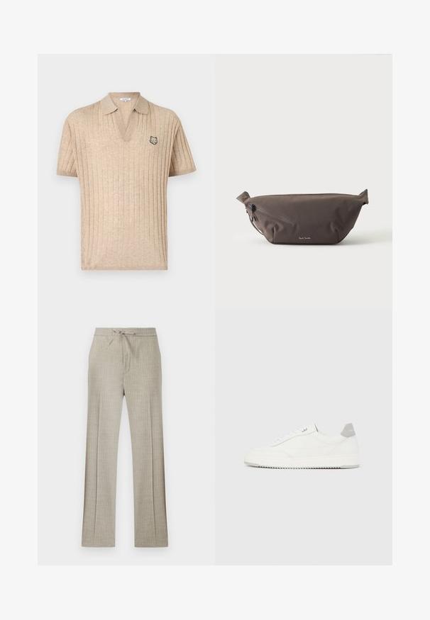 Polo beige en maille côtelée à manches courtes avec col ouvert et petite tête de loup brodée sur la poitrine gauche.; Pantalon beige en mélange de lin avec fines rayures blanches discrètes, taille à cordon et jambes droites.; Baskets basses blanches avec un onglet de talon gris, des lacets blancs et une semelle texturée, présentées sur un fond uni clair.; Sac banane en tissu marron foncé avec poche zippée en diagonale et petit logo blanc sur le devant, sur un fond clair uni.