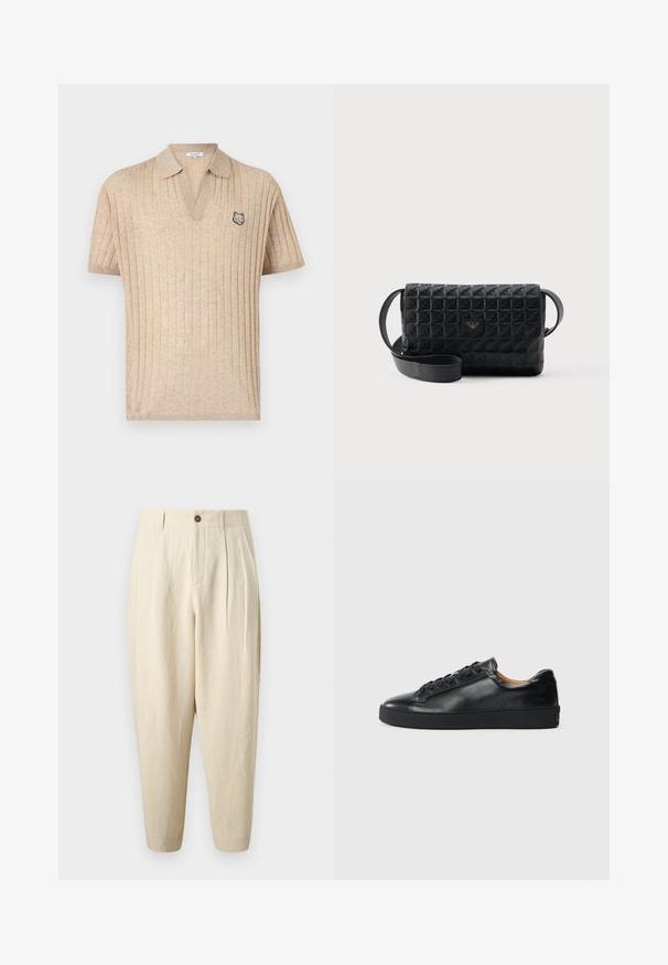 Polo beige en maille côtelée à manches courtes avec col ouvert et petite tête de loup brodée sur la poitrine gauche.; Pantalon beige taille haute fuselé avec plis, passants de ceinture, bouton frontale et fermeture éclair sur un fond uni.; Baskets en cuir noir avec une texture lisse, bout rond et fermeture à lacets. Comprend une semelle en caoutchouc épaisse et un minimum de détails de marque.; Sac bandoulière noir texturé avec une fermeture à rabat et un petit logo en métal sur le devant, présenté sur un fond uni.