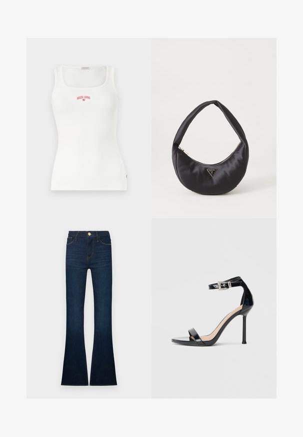 Débardeur blanc côtelé sans manches avec un décolleté carré et le texte rouge "GUESS JEANS" ainsi que le logo en étoile sur la poitrine.; Jean évasé bleu foncé en denim, doté d'une taille haute, de cinq poches et de coutures dorées. Les bas sont larges et légèrement effilochés.; Sandale à talon haut en cuir verni noir avec bride à la cheville. Présente un design minimaliste, un bout ouvert et une boucle ornée de strass.; Sac à main en satin noir avec une forme courbée, doté d'une fermeture à glissière et d'un logo triangulaire en métal à l'avant. Texture lisse et design épuré.