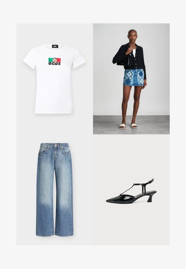 Weißes kurzärmeliges Ripp-T-Shirt mit einem grün-roten rechteckigen Design, einer Cartoonfigur in der Mitte und fettem schwarzen "GCDS"-Schriftzug darunter.; Hellblaue Jeans mit weitem Bein und verwaschener Optik, fünf Taschen, Knopf- und Reißverschluss sowie geraden Säumen, flach auf weißem Hintergrund ausgebreitet.; Schwarzer Slipper aus Lackleder mit spitz zulaufender Kappe, T-Riemen und niedrigem, schrägem Blockabsatz vor weißem Hintergrund.; Schwarze Strickjacke, weißes Oberteil, Jeansrock mit blauem und schwarzem Diamantenmuster, schwarze Handtasche und beige Rutschsandalen.