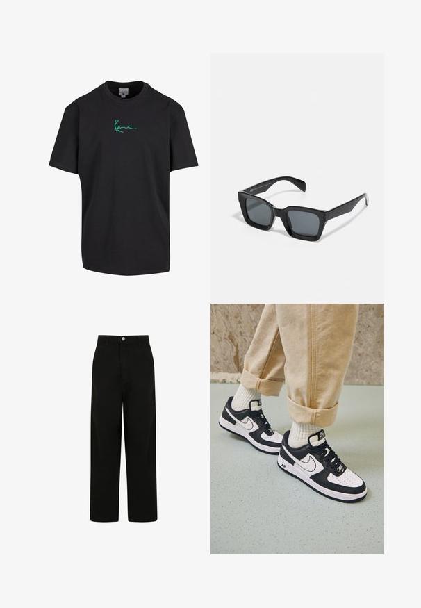 Schwarzes Baumwoll-T-Shirt mit kurzen Ärmeln und Rundhalsausschnitt. Auf der Vorderseite mit grünem "Kanye"-Unterschrift-Graphic gestaltet. Schlichter Rücken und lockere Passform.; Schwarze weit geschnittene Hose aus Baumwolle. Verfügt über einen Frontknopfverschluss, zwei Seitentaschen und ein lässiges Design.; Schwarz-weiße Nike Air Force 1 Sneaker mit einem Obermaterial aus Leder, perforierter Zehenpartie und strukturiertem Sohlendesign, getragen mit aufgerollten beigen Hosen und weißen Socken.; Schwarze rechteckige Sonnenbrille mit dunklen Gläsern. Kunststoffrahmen mit glänzender Oberfläche, ausgestattet mit einer breiten Brücke und leicht verjüngten Bügeln.