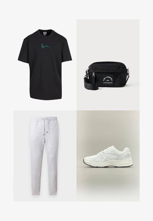 Sort bomulds T-shirt med korte ærmer og rund hals. Har grøn "Kanye" signatur grafik foran. Ensfarvet bagpå og afslappet pasform.; Grå sweatpants i blødt bomuldsblandingsmateriale. Har en elastisk talje med snørebånd og smalle cuffe. Glat tekstur, ingen mønstre.; Hvid atletisk sneaker med mesh og syntetiske overlays, snørelukning, tyk polstret sål og diskret branding på sidepanelet.; Sort nylon crossbody taske med lynlås, justerbar rem og et hvidt mærke med teksten "Karl Lagerfeld Paris." Kompakt design.