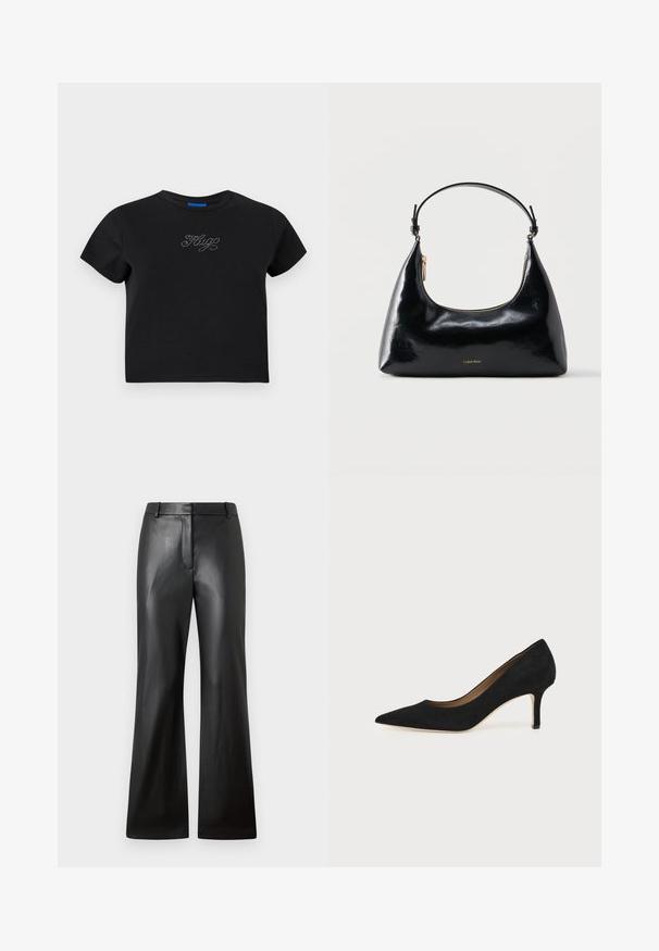 Schwarzes Baumwoll-T-Shirt mit kurzen Ärmeln, rundem Halsausschnitt und taillierter Form. Mit einem Strassdesign, das "HUG" auf der Vorderseite schreibt.; Schwarze Lederhosen mit glatter Textur, weit geschnittenem Design und mid-rise Bund mit Gürtelschlaufen und Fronttaschen.; Schwarzer Wildleder-Pumps mit spitzer Schuhspitze, schlankem mittelhohem Stiletto-Absatz und tiefem Ausschnitt auf einfachem Hintergrund.; Schwarze, glänzende Calvin Klein Handtasche mit goldfarbenem Reißverschluss und kurzem Trageriemen vor schlichtem weißem Hintergrund.