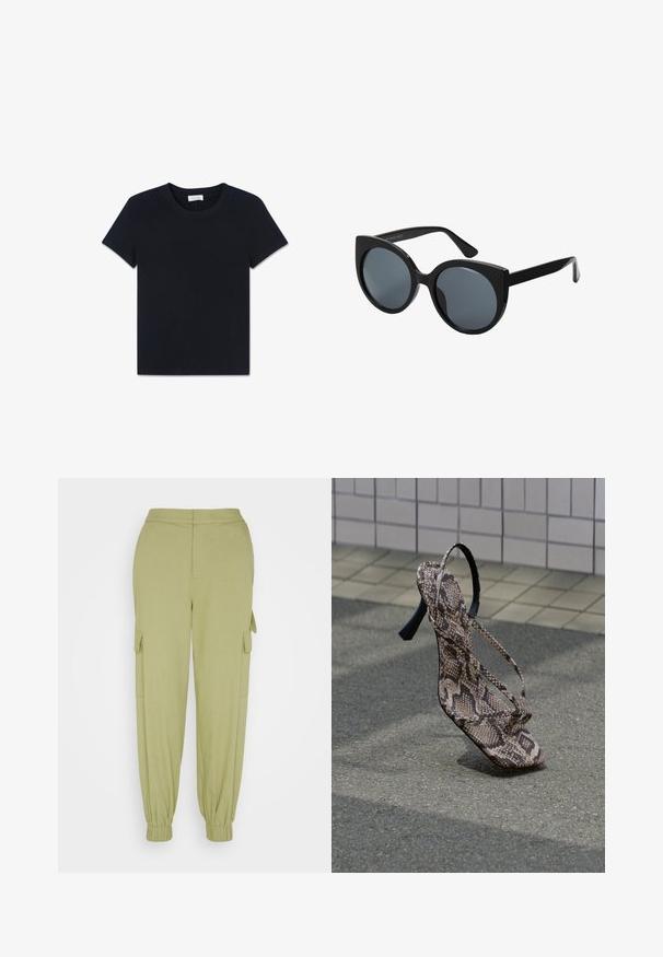En simpel sort T-shirt med korte ærmer og rund hals, lagt fladt på en hvid baggrund.; Selected SLFCILLE PANT - Cargobukser - basil; Højhælet sandal med slangeskindsprint og tynde stropper, stående på asfalt nær fliset brostensbelægning.; Storede sorte oversized solbriller med katteøjeform, mørkt tonede linser og glansfuldt plastisk stel. Har tykke stænger for støtte.
