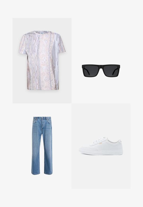 T-shirt à manches courtes avec un motif texturé dans des teintes beige et grises douces, présentant un col rond et une coupe décontractée.; Jeans en denim bleu clair avec une coupe droite, cinq poches, fermeture à bouton, peu d'usure et des détails de couture contrastés.; Baskets blanches en cuir avec une texture lisse, bout rond et coutures tonales. Possède des lacets bleus et un logo doré sur le côté.; Lunettes de soleil rectangulaires noires avec des montures épaisses et des verres teintés foncés sur fond blanc.