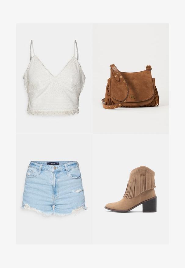 Bralette de encaje blanco con escote en V, tirantes delgados ajustables y borde festoneado. Presenta intrincados patrones florales y geométricos.; Shorts de mezclilla azul claro con dobladillo deshilachado, detalles desgastados, diseño de cinco bolsillos y cierre de botón en la parte delantera.; Bota de ante color tan con punta redondeada y parte superior con flecos. Cuenta con un tacón ancho de altura media y un diseño robusto con un detalle de asa en la parte trasera.; Bolso bandolera de ante marrón con ojales dorados en la correa ajustable, detalles de flecos en los laterales y pequeño logo dorado RLL en la solapa frontal.