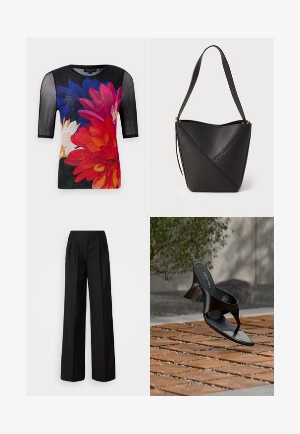Kurzarm-T-Shirt mit einem schwarzen Mesh-Obermaterial und einem bunten Blumenmuster in Rot, Pink und Blau auf einem dunklen Hintergrund.; Schwarze, weit geschnittene Hosen aus glattem Material, mit Falten an der Vorderseite und einem Bund mit zwei Knöpfen zum Schließen.; Schwarze Calvin Klein Riemchensandale mit Absatz, schwebend über einer gefliesten Außenfläche mit Grünpflanzen und einer Betonwand im Hintergrund.; Schwarze Leder-Bucket-Tasche mit diagonalem Nahtdesign, einem einzelnen Schultergurt und einer offenen Oberseite, die eine glatte Textur präsentiert.