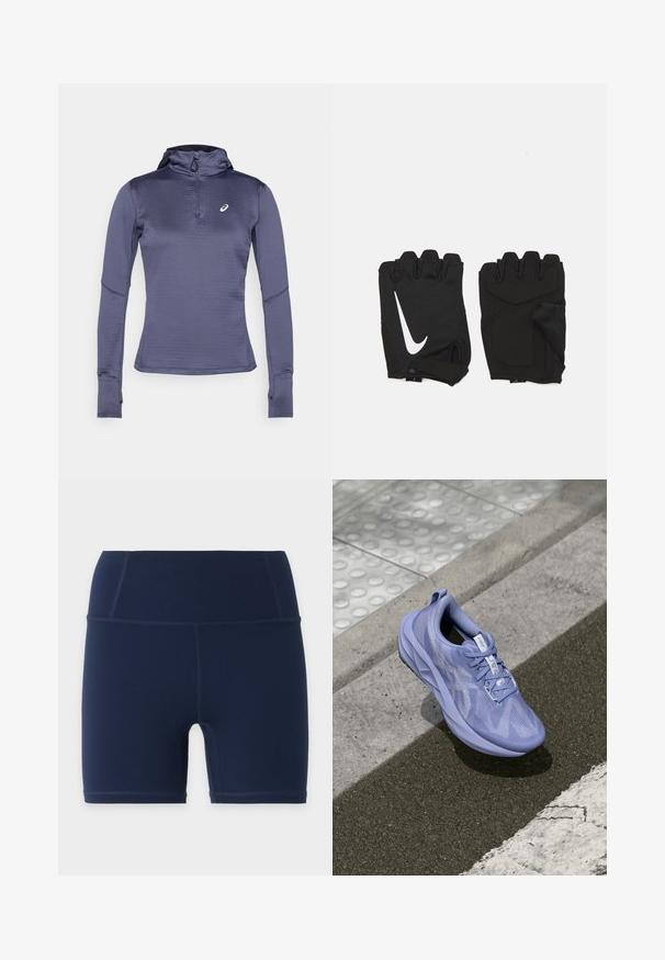 Langærmet atletisk trøje i mørkeblå, med lynlås i halsen, hætte og tommelfingerhuller. Tekstureret stof med et geometrisk mønster. Logo på brystet.; Marineblå højtaljede tætsiddende shorts med flade syninger og længde til midt på låret, vist på en ensartet lys baggrund.; Lys lilla sportsko med en struktureret overdel, snøre-design og en polstret sål, plassert på en betongoverflate nær et fodgængerfelt.; Sorte fingerløse træningshandsker lavet af åndbart stof, med et hvidt Nike-logo, polstrede håndflader og et åbent håndledsdesign for fleksibilitet.