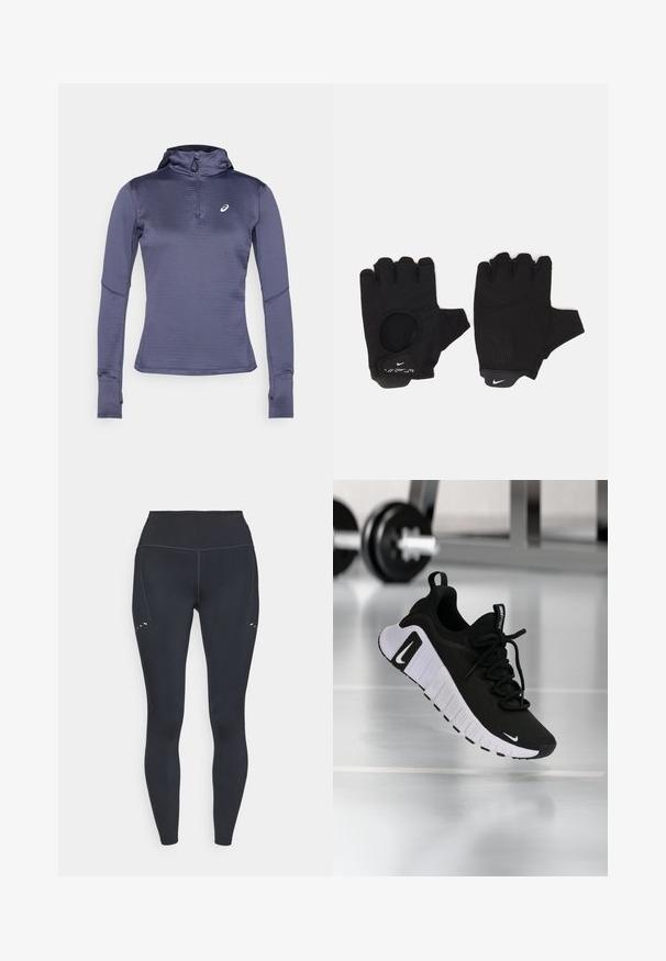 T-shirt de sport à manches longues en bleu foncé, avec un col zippé, une capuche et des ouvertures pour les pouces. Tissu texturé avec un motif géométrique. Logo sur la poitrine.; Leggings noirs avec une taille haute, fabriquées dans un matériau extensible, présentant des détails de couture subtils et de petites découpes sur la cuisse supérieure.; Chaussure de sport noire avec une tige en tissu texturé, une semelle blanche et un système de laçage prononcé. Présente un logo Nike et un design doux et rembourré.; Gants sans doigts noirs avec un design texturé. Fabriqués en matériau respirant, dotés d'un trou pour le pouce et d'une paume renforcée pour une meilleure prise.