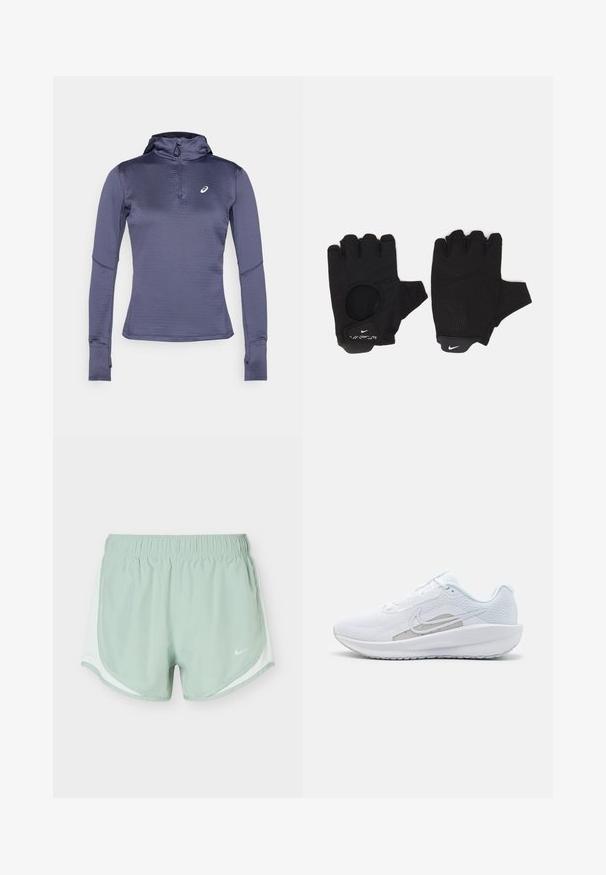 Langærmet atletisk trøje i mørkeblå, med lynlås i halsen, hætte og tommelfingerhuller. Tekstureret stof med et geometrisk mønster. Logo på brystet.; Lysegrønne atletikshorts med hvide sidepaneler, elastisk taljebånd og lille hvid Nike-logo på forsiden af højre ben.; Hvid træningssko med mesh-overdel, rund tå og tekstureret sål. Har et sølvfarvet Nike-swoosh og et minimalistisk design.; Sorte fingerløse handsker med et tekstureret design. Lavet af et åndbart materiale, med en tommelfingeråbning og forstærket håndflade for bedre greb.