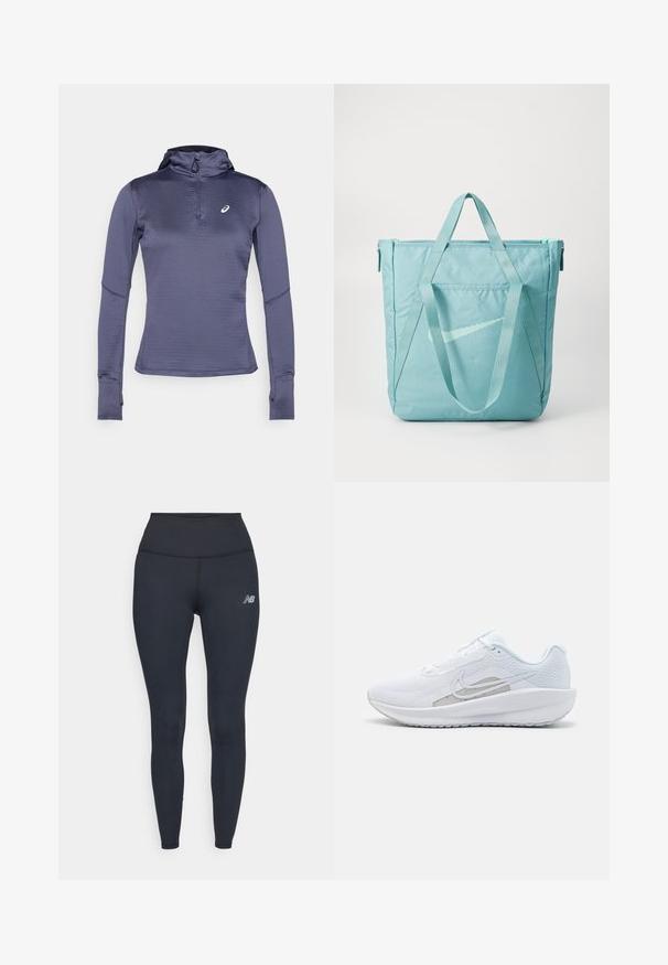 Camiseta deportiva de manga larga en azul oscuro, con cuello tipo zip, capucha y agujeros para los pulgares. Tejido texturizado con un patrón geométrico. Logo en el pecho.; Leggings negros de talle alto hechos de material elástico, con un diseño elegante y un pequeño logo reflectante en el muslo.; Zapatilla deportiva blanca con parte superior de malla, punta redondeada y suela texturizada. Presenta un swoosh de Nike plateado y un diseño minimalista.; Bolso tote en un tono azul claro con cierre de cremallera, asas dobles, un bolsillo frontal y un sutil logo de Nike impreso en un diseño contrastante.
