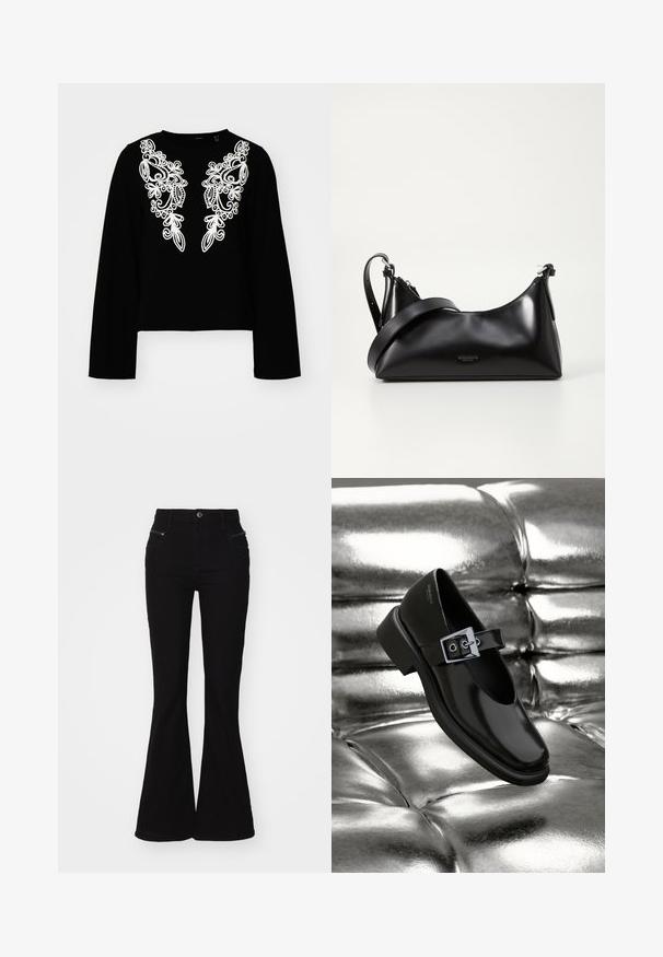 Schwarzes Langarm-Crop-Top mit aufwendiger weißer Blumenstickerei auf der Vorderseite, Rundhalsausschnitt und glatter Textur.; Schwarze, weit geschnittene Jeans mit hoher Taille, die über Vordertaschen und Reißverschlussakzente verfügt. Hergestellt aus Denim mit einer glatten Textur.; Schwarze Leder-Mary-Jane-Schuhe mit quadratischer Zehenform, einem silbernen Schnallenakzent und einem robusten, niedrigen Absatz, vor einem glänzenden silbernen Hintergrund.; Schwarze lederne Handtasche mit glatter Textur. Verfügt über einen verstellbaren Riemen und ein elegantes, minimalistisches Design mit einem Reißverschluss.